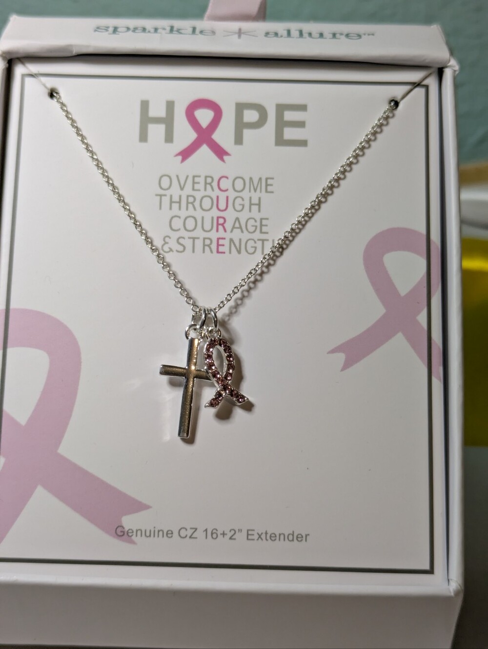 Sparkle Allure Breast Cancer Awareness Ribbon & Cross Pendant Necklace NIB